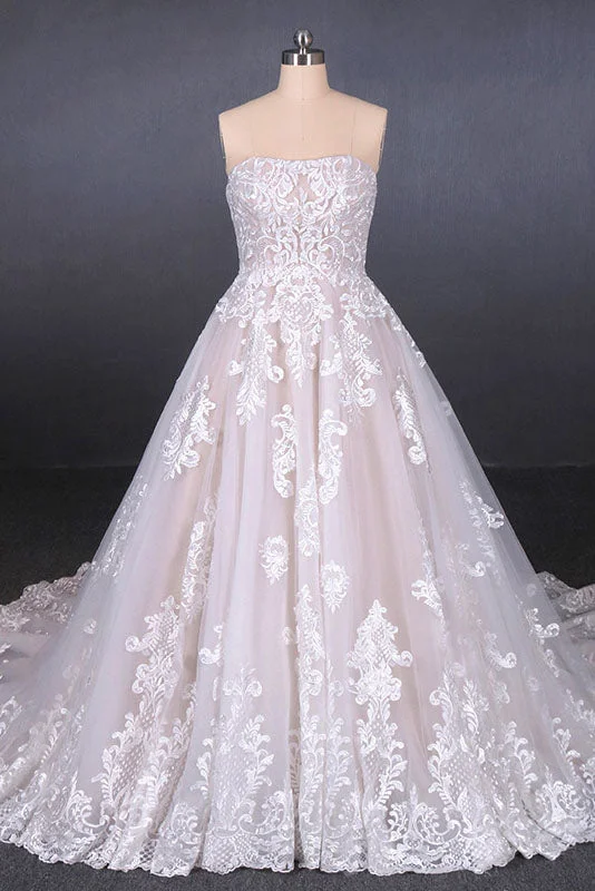 Earthy eleganceA Line Strapless Lace Appliques Wedding Dresses, Cheap Bridal Dresses OKQ16