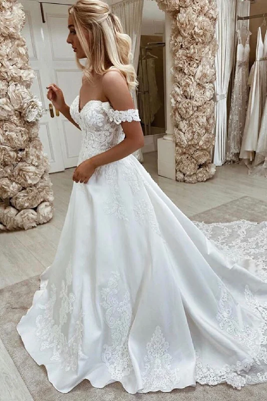 Royal-worthyA-line Sweetheart Off Shoulder Lace Appliques Elegant Bride Gowns OKV39