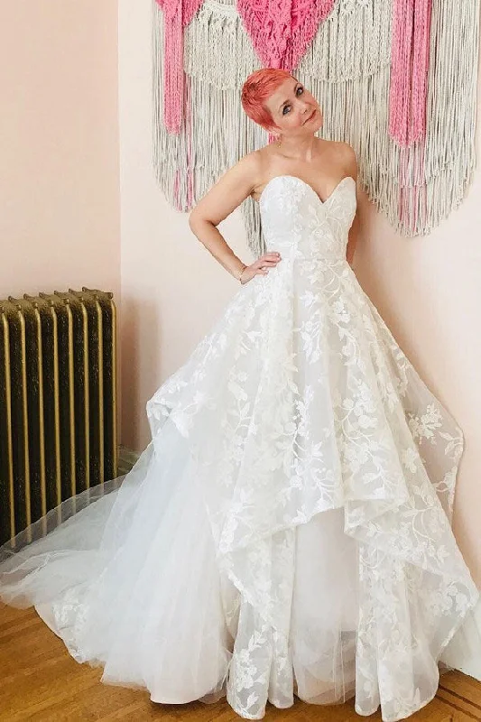 Luxe-minimalismA-Line Sweetheart Sweep Train Wedding Dresses with Lace Appliques OKM25