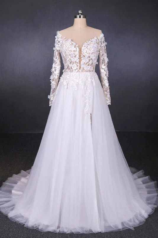 Off-the-shoulder eleganceA Line Tulle Lace Appliques Long Sleeves Wedding Dresses, Cheap Bridal Dresses OKQ28 Off-the-shoulder eleganceA Line Tulle Lace Appliques Long Sleeves Wedding Dresses, Cheap Bridal Dresses OKQ28