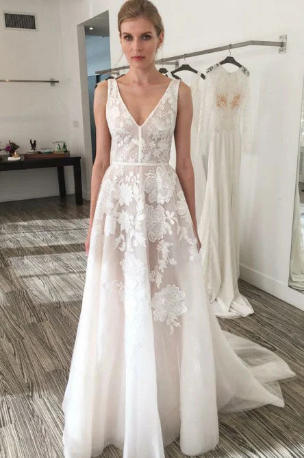 Crisp & refinedA-line V-Neck Backless Sweep Train Ivory Wedding Dress with Appliques OKR20