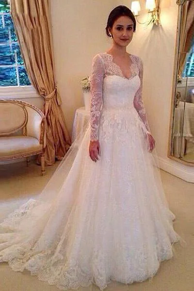 Off-the-shoulder eleganceA-line V-neck Long Sleeves Court Train Tulle Wedding Dresses With Lace Appliques OK526 Off-the-shoulder eleganceA-line V-neck Long Sleeves Court Train Tulle Wedding Dresses With Lace Appliques OK526