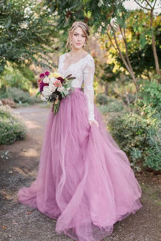 Modern-luxeA-Line V-Neck Long Sleeves Pink Tulle Wedding Dress with Lace Appliques OKM80