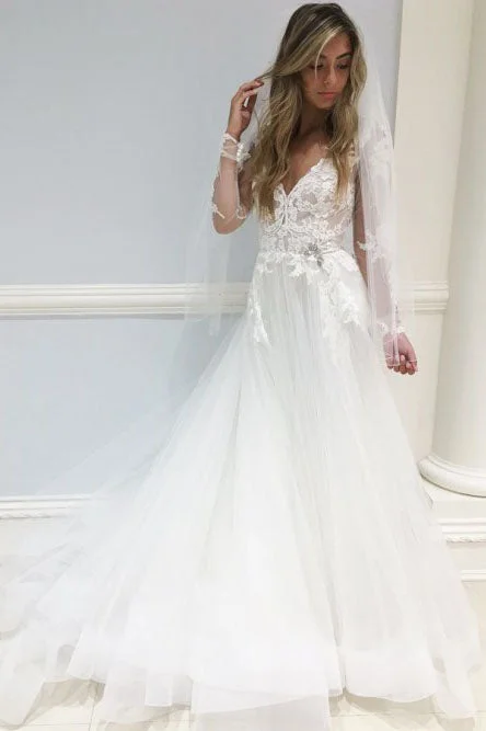 Earth-tone beautyA-line V-Neck Long Sleeves Sweep Train Elegant Wedding Dress with Lace Appliques OKR15 Earth-tone beautyA-line V-Neck Long Sleeves Sweep Train Elegant Wedding Dress with Lace Appliques OKR15