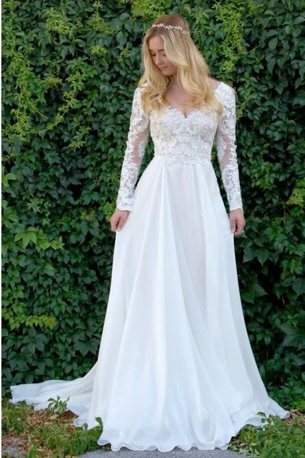 Fashion-forwardA-Line V-Neck Long Sleeves Wedding Dresses with Lace Appliques OKL50