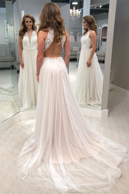 Underground-chicA-Line V-Neck Open Back Tulle Wedding Dresses with Lace Bodice OKK46