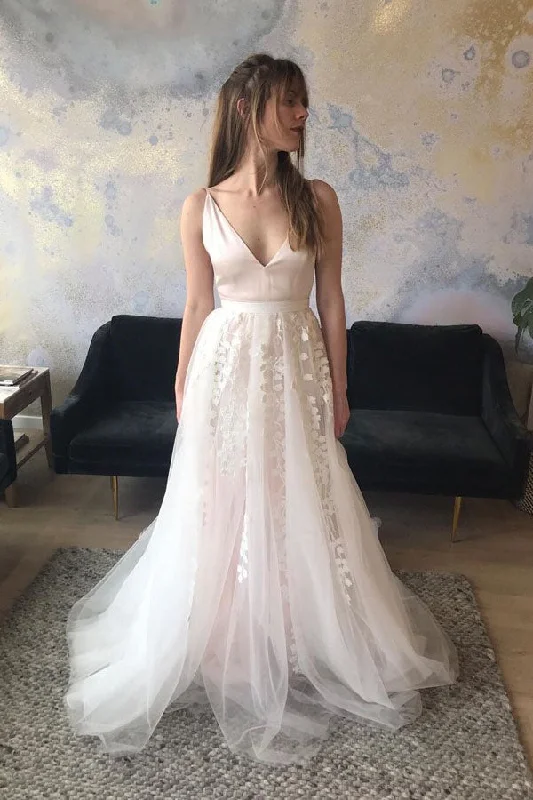Contemporary-coolA-Line V-Neck Sweep Train Pearl Pink Wedding Dresses with Appliques OKM31