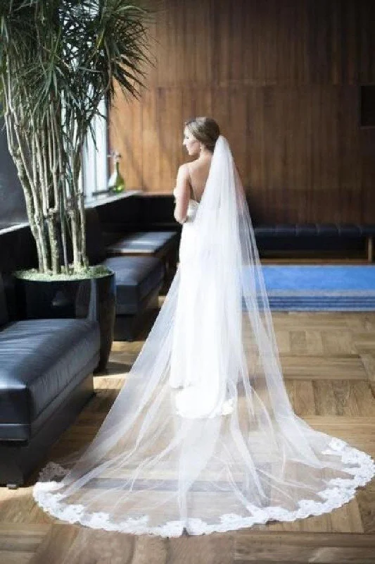 Effortlessly enchantingAlencon Lace Partial Applique Long Veils for Wedding WV17