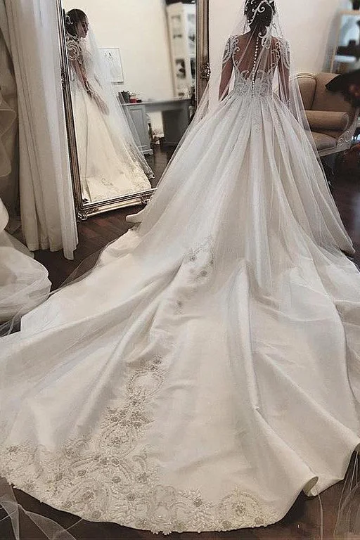 Minimal-streetAttractive Satin Sheer Jewel Neckline Long Sleeves Wedding Dress With Lace Appliques OK869 Minimal-streetAttractive Satin Sheer Jewel Neckline Long Sleeves Wedding Dress With Lace Appliques OK869