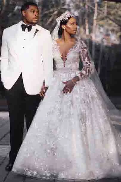 All-black-aestheticBall Gown Deep V-Neck Long Sleeves Ivory Wedding Dresses with Lace Appliques OKE98 All-black-aestheticBall Gown Deep V-Neck Long Sleeves Ivory Wedding Dresses with Lace Appliques OKE98