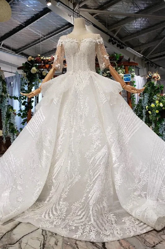 Old-moneyBall Gown Half Sleeves Lace Bridal Dresses with Sequins, Princess Long Wedding Dress OKN72 Old-moneyBall Gown Half Sleeves Lace Bridal Dresses with Sequins, Princess Long Wedding Dress OKN72