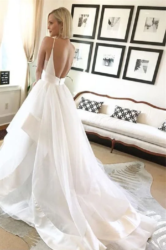 Fashion-forwardBeautiful Ball Gown V-Neck Spaghetti Straps Backless Long Wedding Dress with Train OKE23