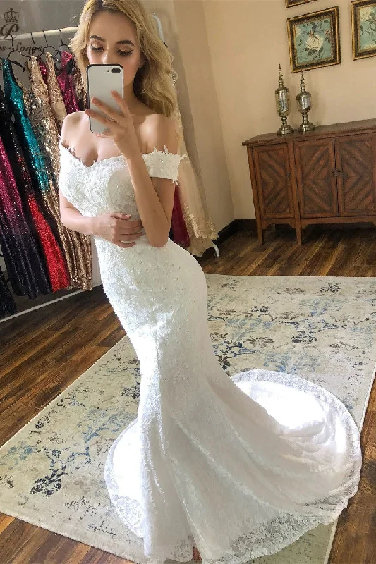 Retro-chicBeautiful Lace Mermaid Wedding Dress Off the Shoulder Lace Up Back Bridal Dress OKV36 Retro-chicBeautiful Lace Mermaid Wedding Dress Off the Shoulder Lace Up Back Bridal Dress OKV36