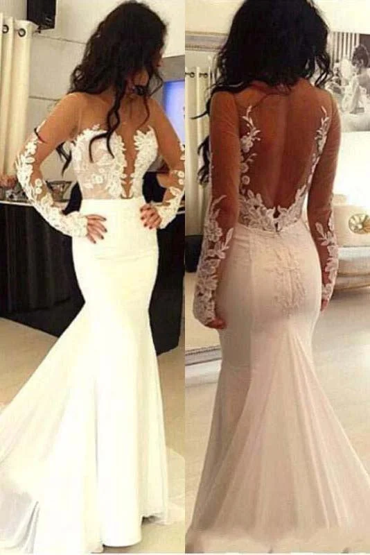 Flowy & free-spiritedBeautiful Long Sleeves See-Through Mermaid Lace Appliques Wedding Dresses With Trailing OKD53 Flowy & free-spiritedBeautiful Long Sleeves See-Through Mermaid Lace Appliques Wedding Dresses With Trailing OKD53