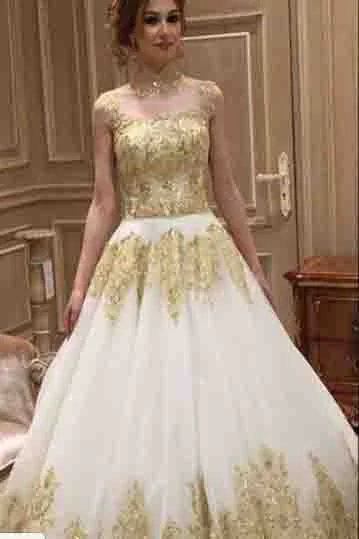Utility-glamBeautiful Long Train High Neck Romantic Gold Appliques Wedding Dress OKE96
