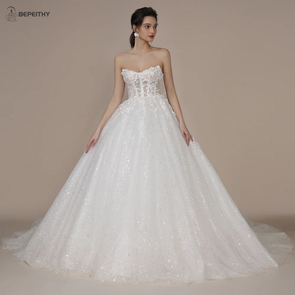 Lace-detailedIvory Glitter Wedding Dresses For Women Court Train Bride 3D Flower