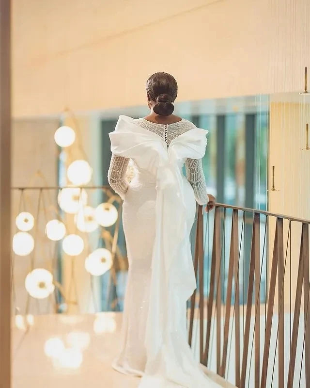 Sleek-tailoringWedding Dresses Mermaid Long Sleeves Lace Aso Ebi Women Bridal