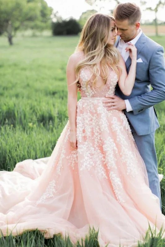Nostalgic beautyBlush Pink Long Tulle Appliques Wedding Dress With Cathedral Train,Prom Dress OK904 Nostalgic beautyBlush Pink Long Tulle Appliques Wedding Dress With Cathedral Train,Prom Dress OK904