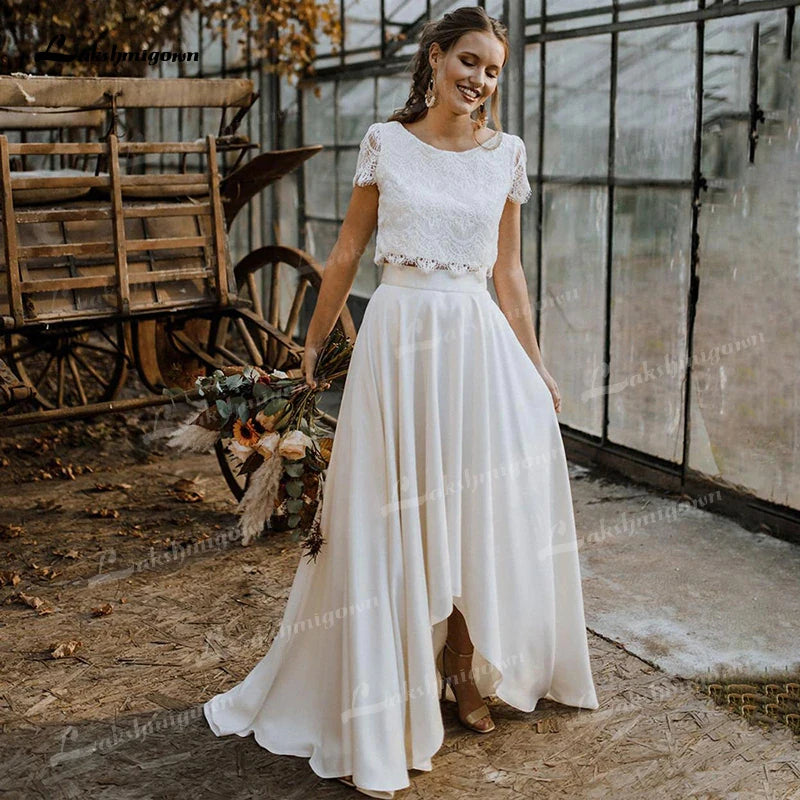 Sporty-luxeWedding Dresses O-Neck Short Cap Sleeve High Low Skirt Bride Gowns