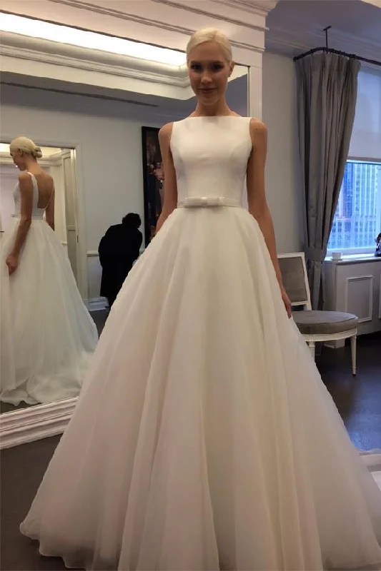 Rebel-aestheticCharming Backless Sleeveless A-line Ivory Tulle Wedding Dresses OK574