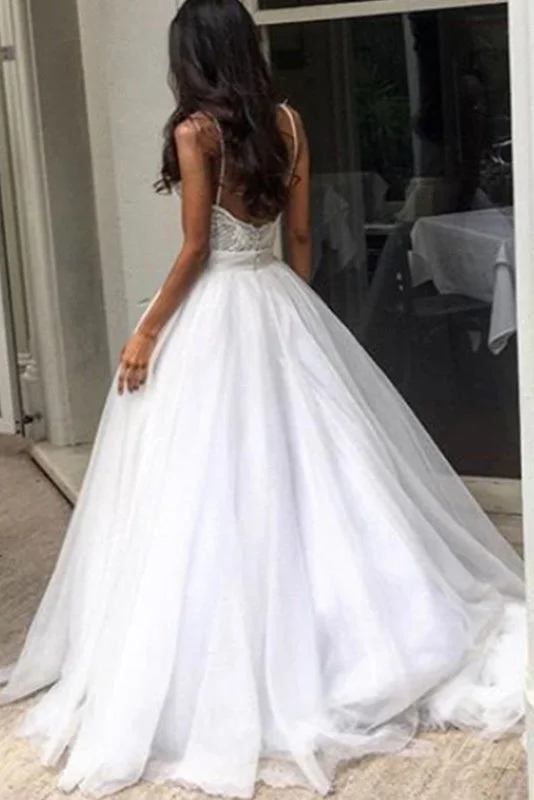 Modern-luxeChic Backless Spaghetti Straps Wedding Dress with Lace Top OKC68