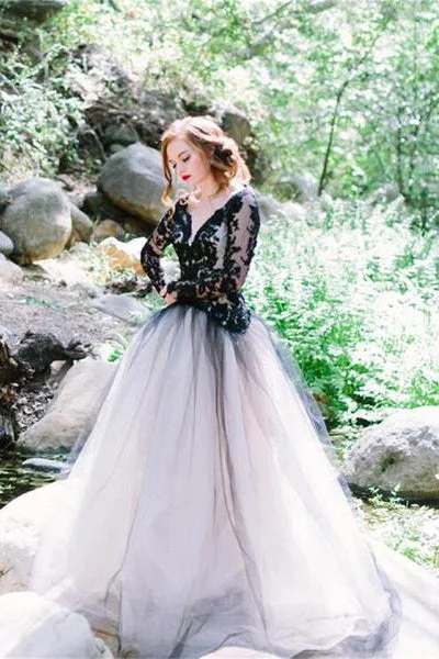 Glam-meets-streetCharming Black Lace Puffy Prom Dresses,Long Sleeves Open Back Tulle Wedding Dress OK794 Glam-meets-streetCharming Black Lace Puffy Prom Dresses,Long Sleeves Open Back Tulle Wedding Dress OK794