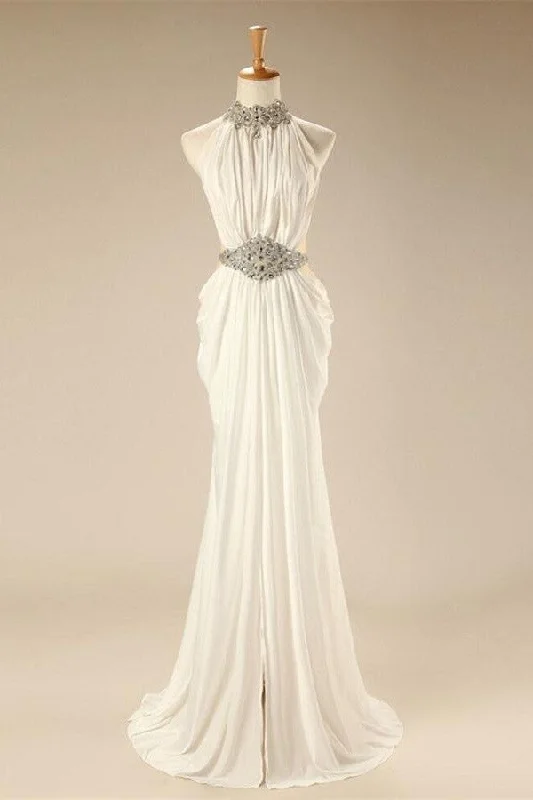 Tropical romanceCharming Elegant White Halter Beaded Chiffon Long Prom Dress OK26