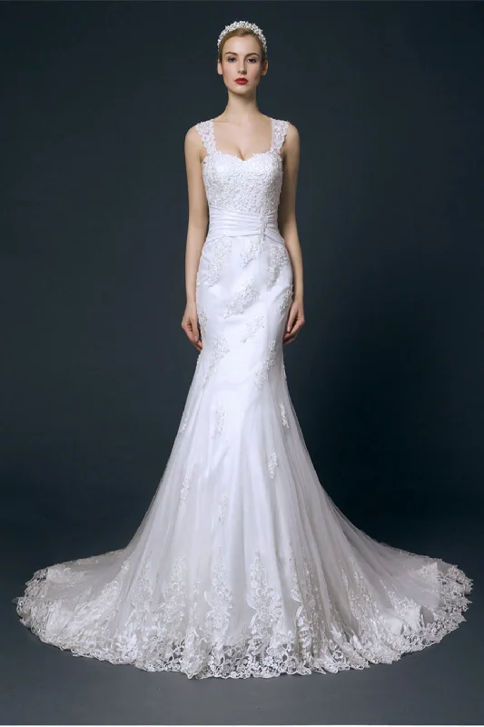 Sun-kissed glamourLong Mermaid Lace Wedding Dresses With Straps W12