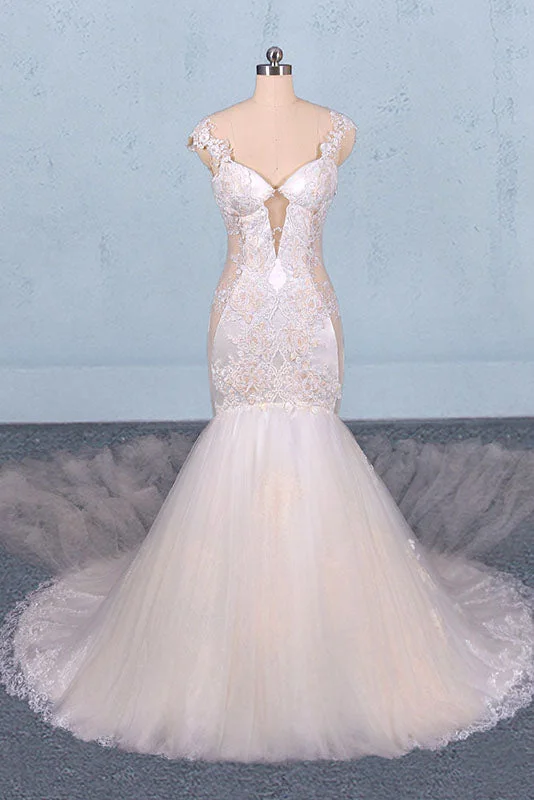 ModernCharming Mermaid Tulle Wedding Dresses, Chapel Train Long Bridal Gown OKQ14