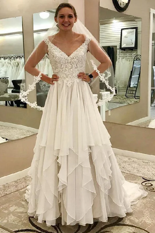 Neutral-paletteCheap A-Line V-Neck Chiffon Ivory Wedding Dresses with Lace OKF93