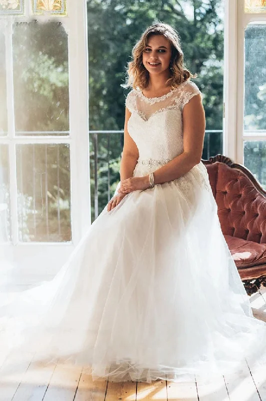 Minimal-glamClassic Tulle Plus Size Beaded Wedding Dress Lace Applique A-line Bridal Dress OKW28 Minimal-glamClassic Tulle Plus Size Beaded Wedding Dress Lace Applique A-line Bridal Dress OKW28