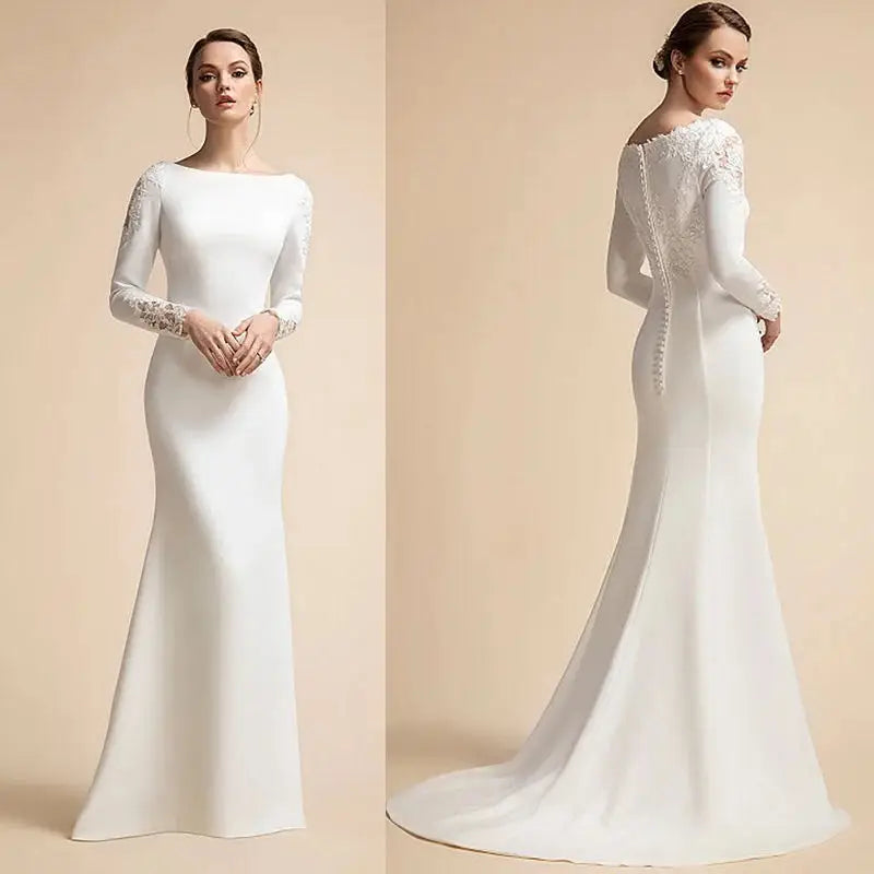 RegalMermaid Button Wedding Dresses Long Sleeves Ivory Bridal Gowns for Bride