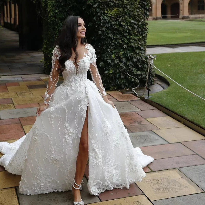 Ethereal eleganceChiffon Princess Ball Gown O-neck Full Sleeve Elegant Bride Dresses