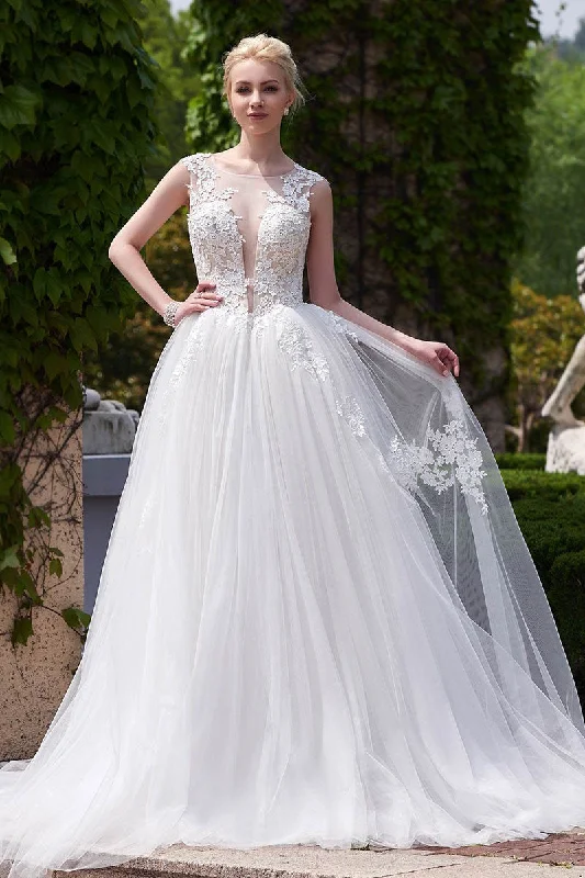 Goddess-likeDesigner White A-line Scoop Neck Tulle Court Train Appliques Lace Backless Wedding Dress OK231 Goddess-likeDesigner White A-line Scoop Neck Tulle Court Train Appliques Lace Backless Wedding Dress OK231