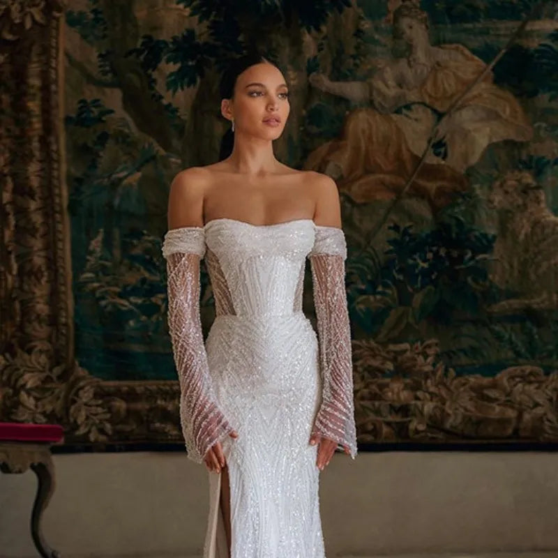 Sleek-dystopianWedding Dresses Mermaid Sequins Off Shoulder Long Sleeves Bridal Gown Sleek-dystopianWedding Dresses Mermaid Sequins Off Shoulder Long Sleeves Bridal Gown
