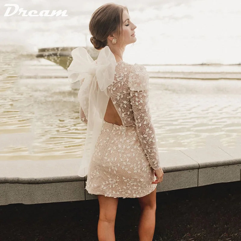 SleekWedding Dresses Long Sleeves With Bow Mini Backless Beadings Bride Dress