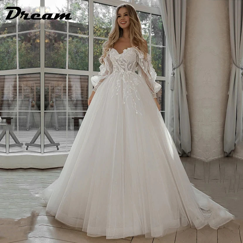 Delicate embroideryOff Shoulder Lace Glitter Tulle Wedding Dresses Long Puff Sleeve 3D Flowers Delicate embroideryOff Shoulder Lace Glitter Tulle Wedding Dresses Long Puff Sleeve 3D Flowers