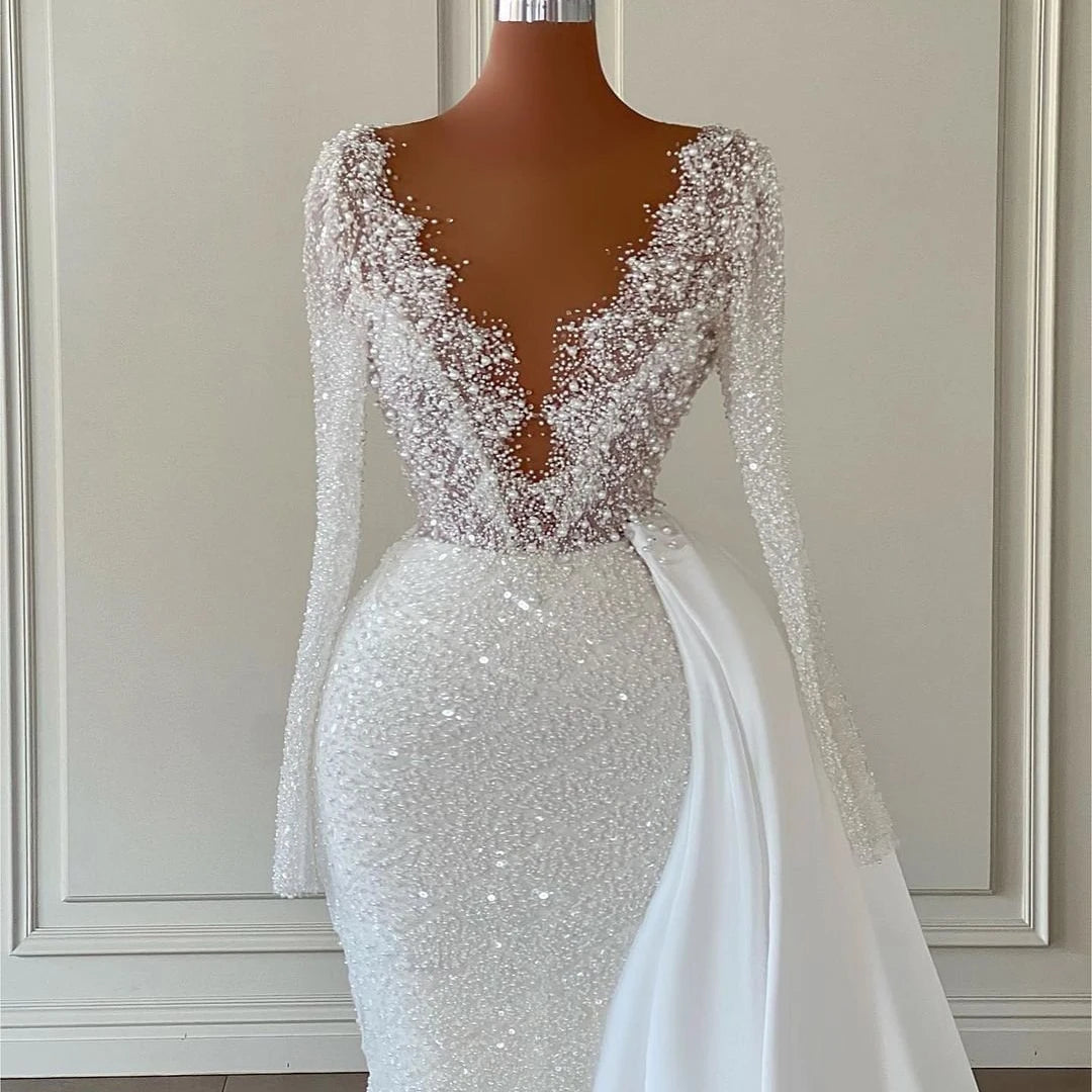 Sporty-glamWedding Dresses Boho Sequins Glitter Bride Dress V-Neck Long Sleeve
