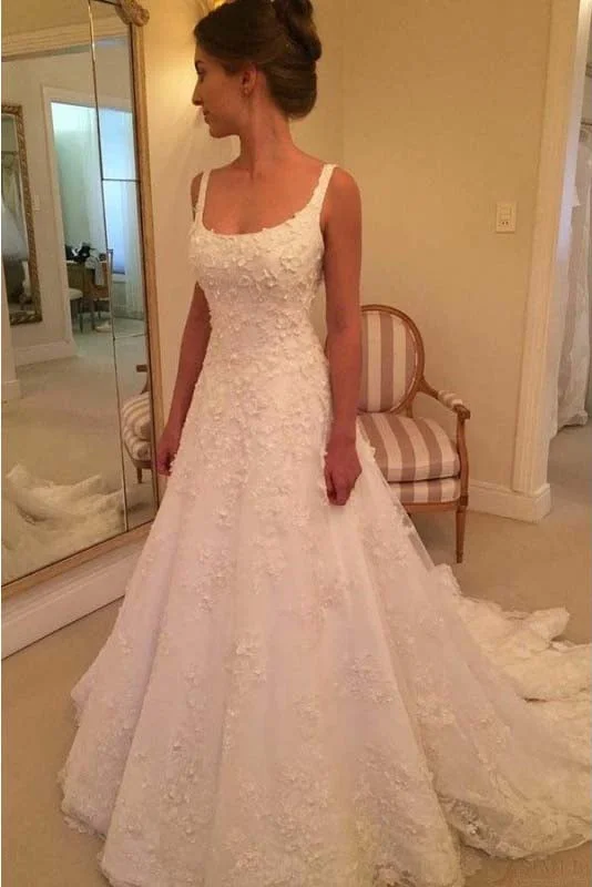 Experimental-fashionElegant A Line Appliques Scoop Long Wedding Dress OKE93