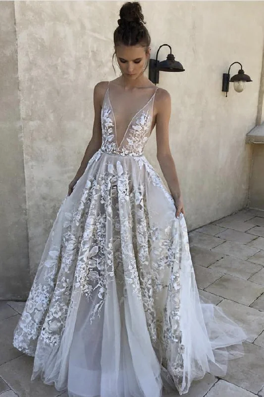 Sleek-modernElegant A Line Deep V-Neck Ivory Tulle Long Prom Dresses with Lace Appliques OKI39 Sleek-modernElegant A Line Deep V-Neck Ivory Tulle Long Prom Dresses with Lace Appliques OKI39