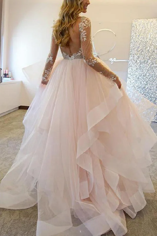 Powerfully feminineElegant A-Line Long Sleeves Tulle Backless Pink Wedding Dress With Appliques OK543 Powerfully feminineElegant A-Line Long Sleeves Tulle Backless Pink Wedding Dress With Appliques OK543