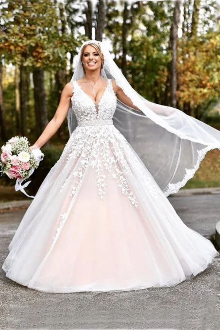 Rocker-chicElegant A-line Long V-neck Long Pink Lace Appliques Wedding Dresses OK678