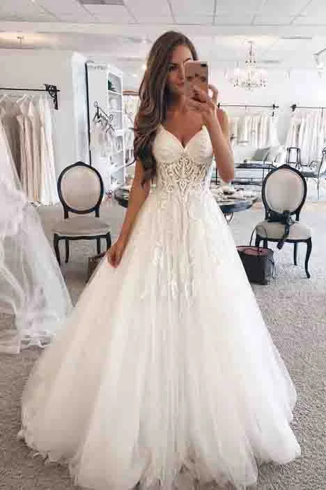 Weatherproof-fashionElegant A-Line Spaghetti Straps Long Tulle Wedding Dresses with Appliques OKF1 Weatherproof-fashionElegant A-Line Spaghetti Straps Long Tulle Wedding Dresses with Appliques OKF1