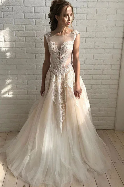 StylishStylish A Line Tulle Lace Long Prom Dresses,Unique Wedding Dresses OKE32