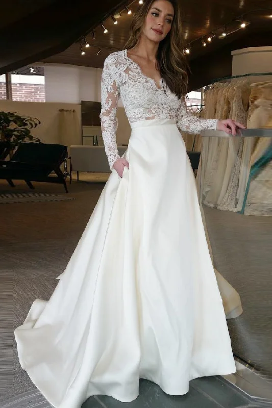 Timelessly stylishElegant A-Line V-Neck Long Sleeves Off White Floor Length Prom/Wedding Dresses With Lace Top OK837 Timelessly stylishElegant A-Line V-Neck Long Sleeves Off White Floor Length Prom/Wedding Dresses With Lace Top OK837