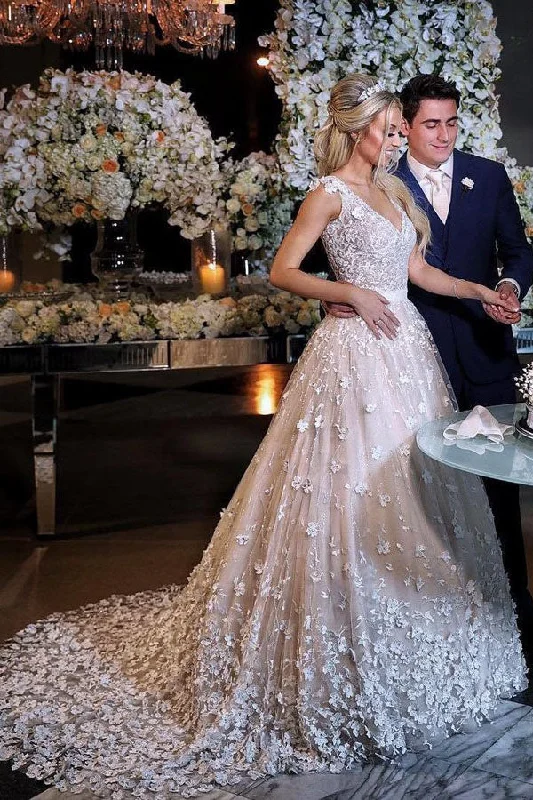 Refined-modernElegant A-Line V-Neck Sweep Train Ivory Wedding Dresses with Appliques OKM26