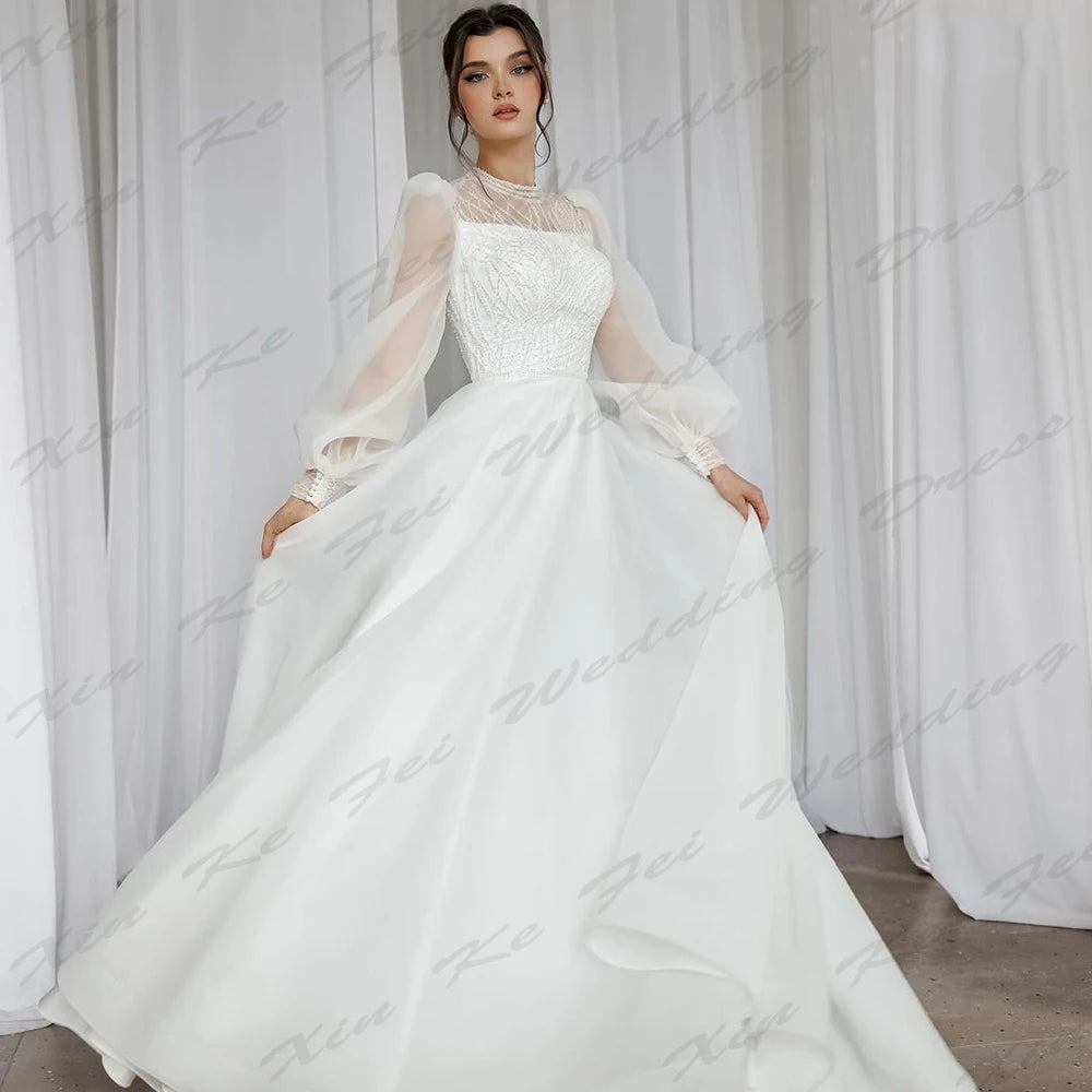 Boho eleganceWedding Dresses Beautiful Round Neck Fluffy Long Sleeves Fluffy Princess