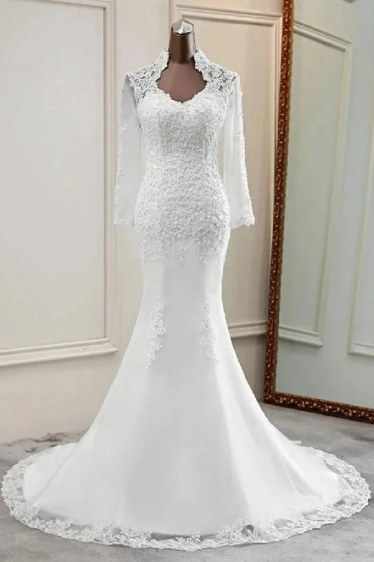 Casual-luxeElegant Appliqued Long Sleeves Mermaid Bridal Gown Cheap Wedding Dress OKU65