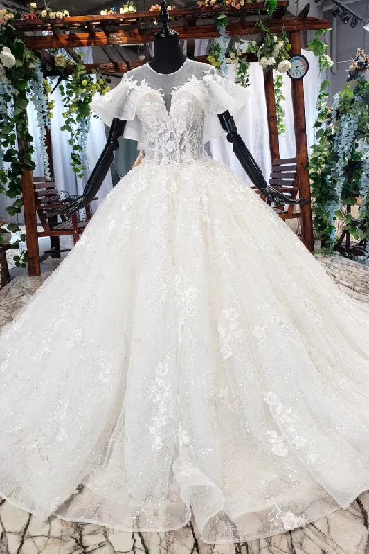ParisianElegant Ball Gown Big Wedding Dress, Appliques Bridal Dress with Short Sleeves OKN73 ParisianElegant Ball Gown Big Wedding Dress, Appliques Bridal Dress with Short Sleeves OKN73