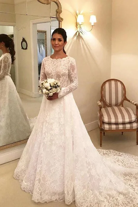 Fashion-forwardElegant Long Sleeves Lace A-line Boat Neckline Long Bridal Dress Wedding Dress OK907